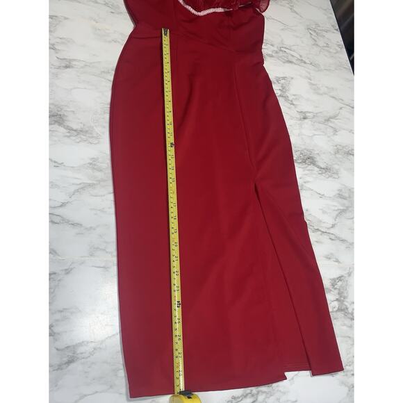 LAN Red Off Shoulder Ruffled Sleeveless Midi Slit Cocktail Evening Party Dress - Picture 8 of 10